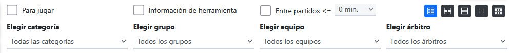 Panel de filtros y selección de hojas de partido en el software de torneos
