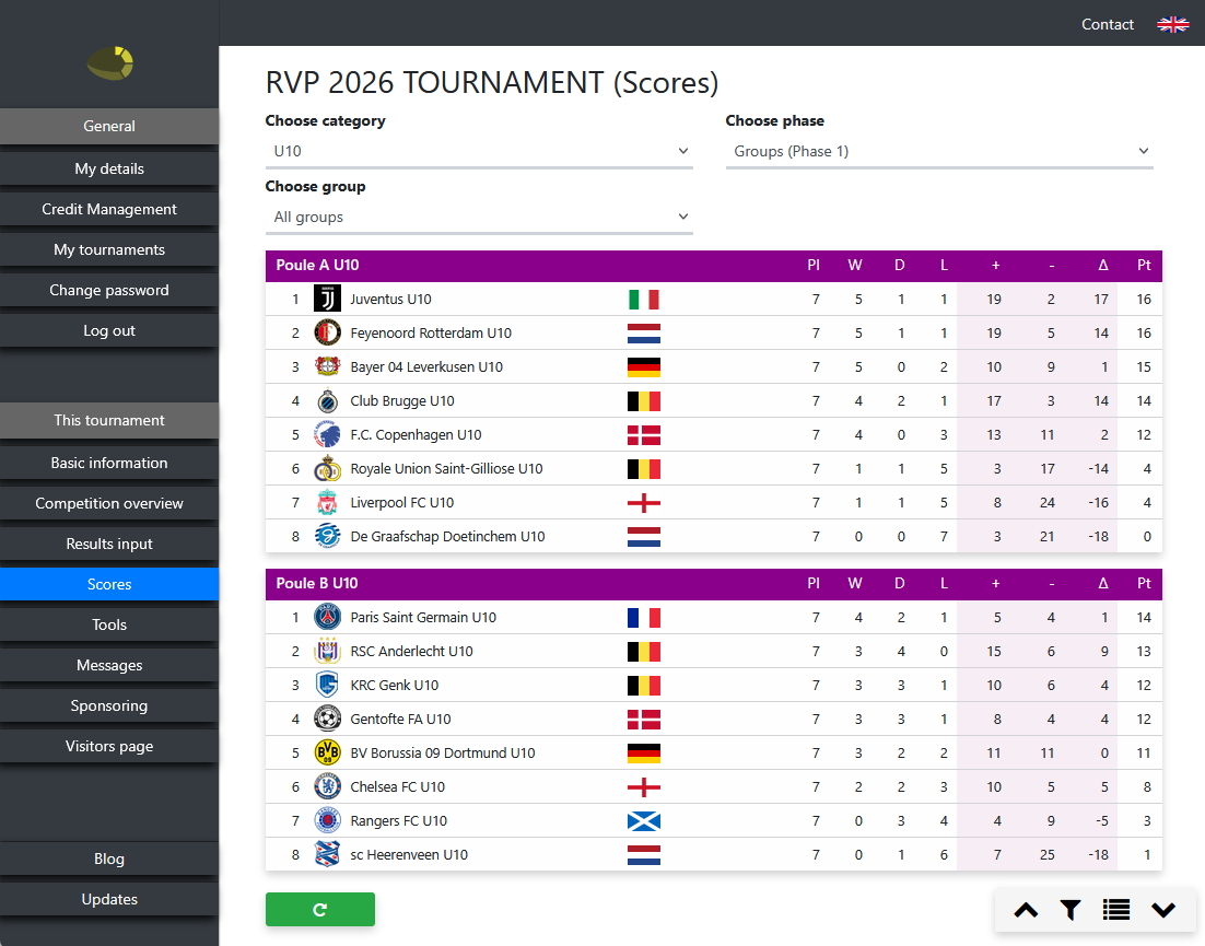 Standings management for organisers